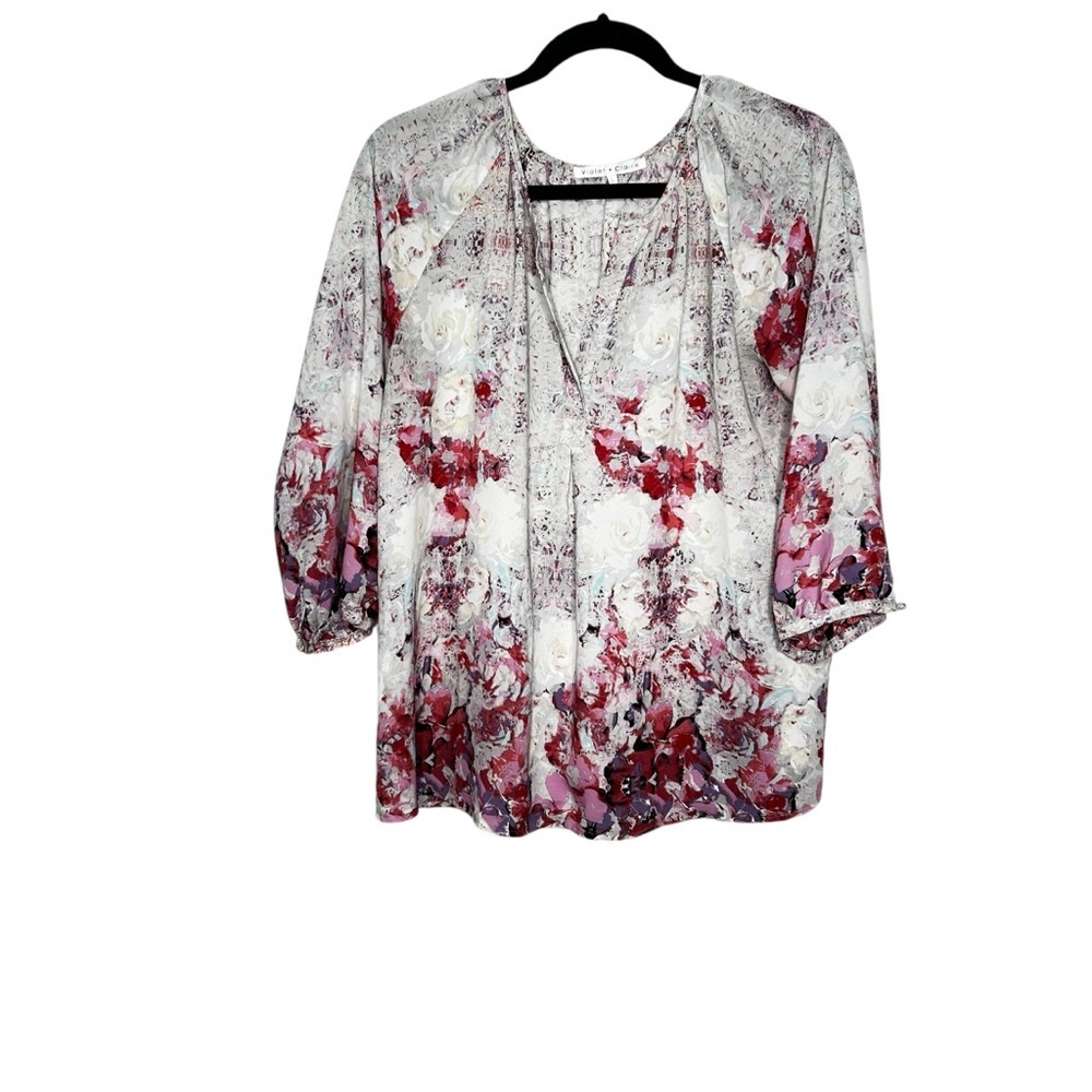 Violet + Claire Split Neck 3/4 Length Sleeve Abstract  Print Colorful Top Sz L